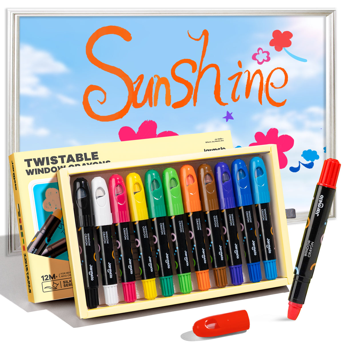 Jarmelo - Washable Silky Window Crayons, Glass and Bath Coloring Crayons - (12 Ct.)