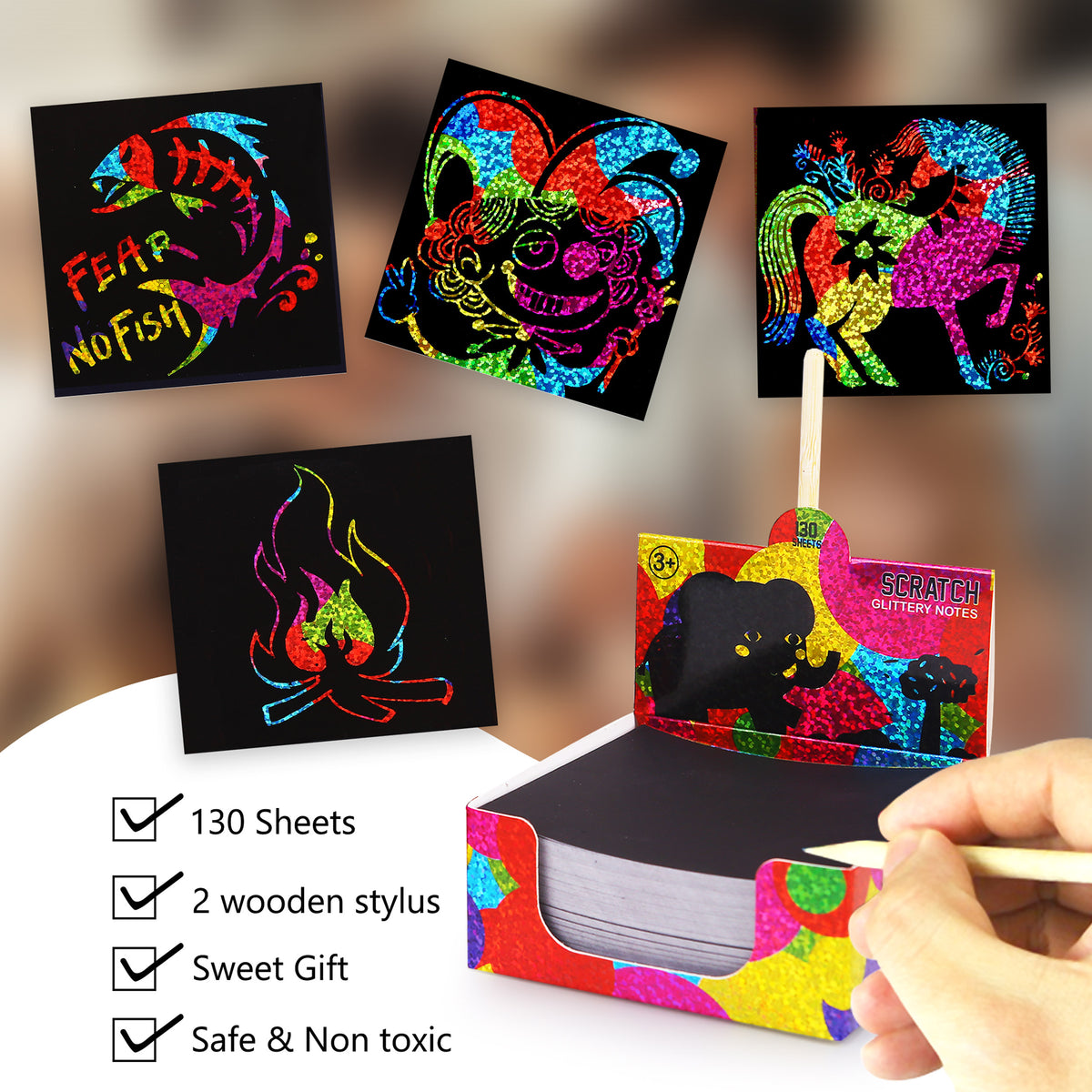 Jarmelo - Scratch Art Glittery Notes; Rainbow Holographic Scratch Paper