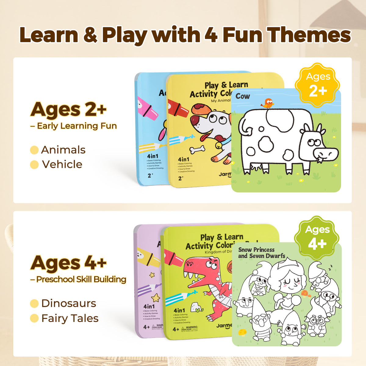 Jarmelo - Play & Learn  Activity Coloring Book - Animals & Vehicles