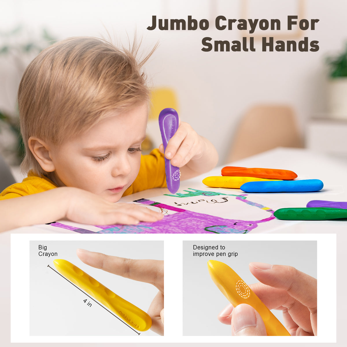 Jarmelo - Mess Free Beeswax Crayons for Toddlers, Washable Jumbo Crayons (24 Ct.)