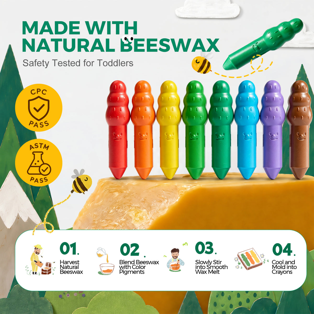 Jarmelo - Jumbo Crayons for Toddlers 1-3, 16 Colors Non Toxic Beeswax Crayon