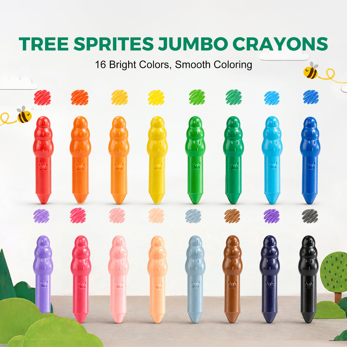 Jarmelo - Jumbo Crayons for Toddlers 1-3, 16 Colors Non Toxic Beeswax Crayon