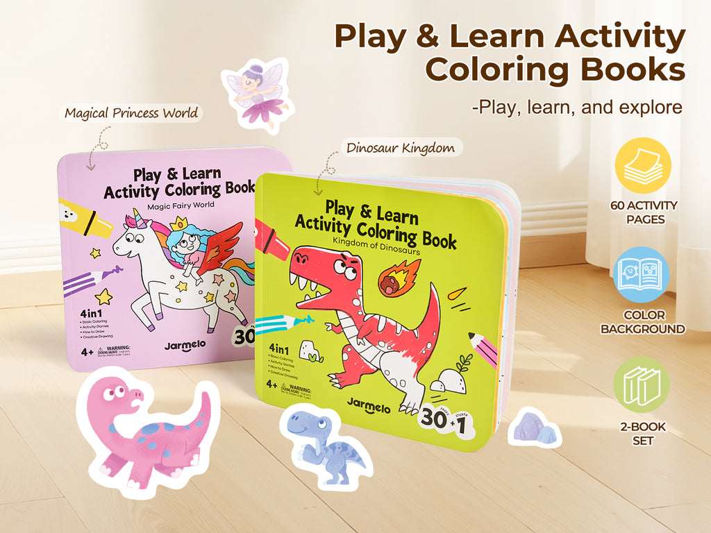Jarmelo - Play & Learn  Activity Coloring Book - Dinosaurs & Fairy World