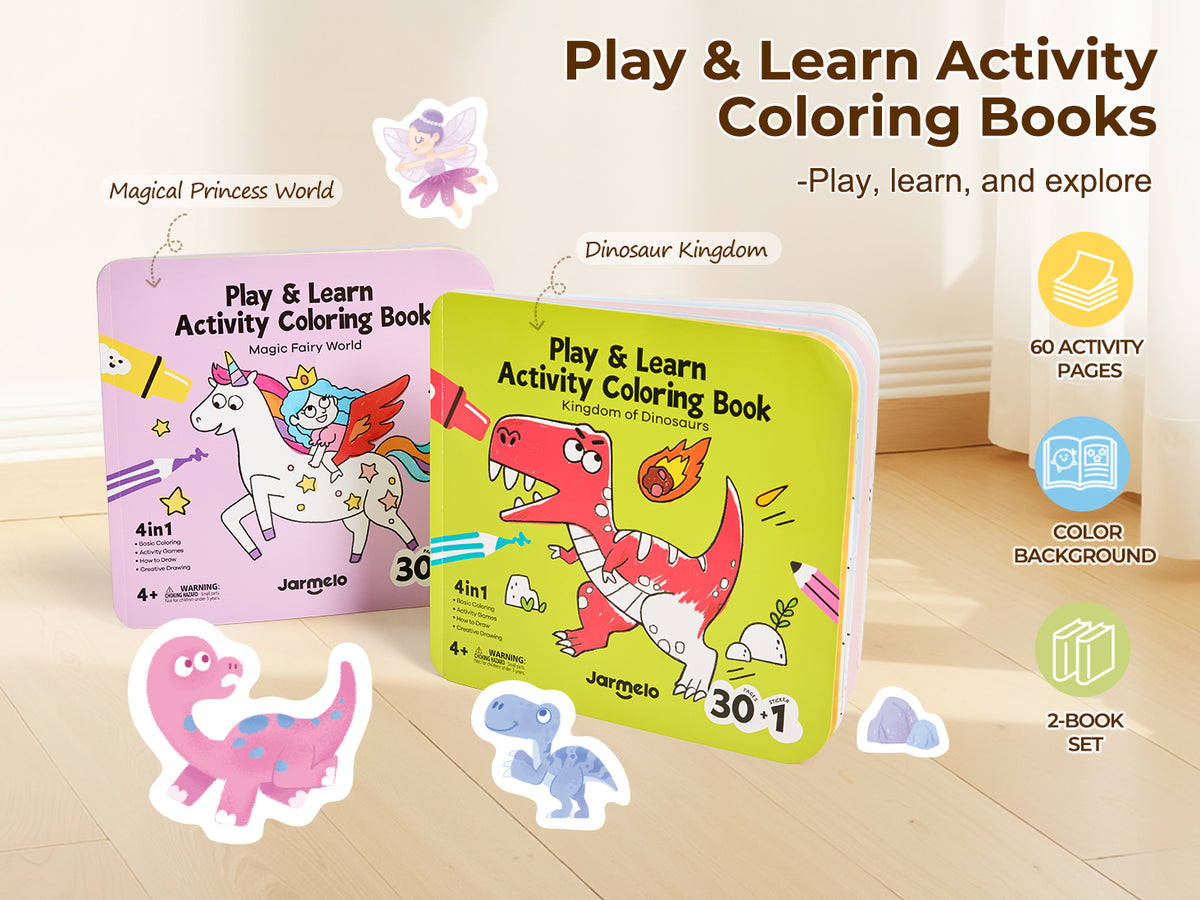 Jarmelo - Play & Learn  Activity Coloring Book - Dinosaurs & Fairy World