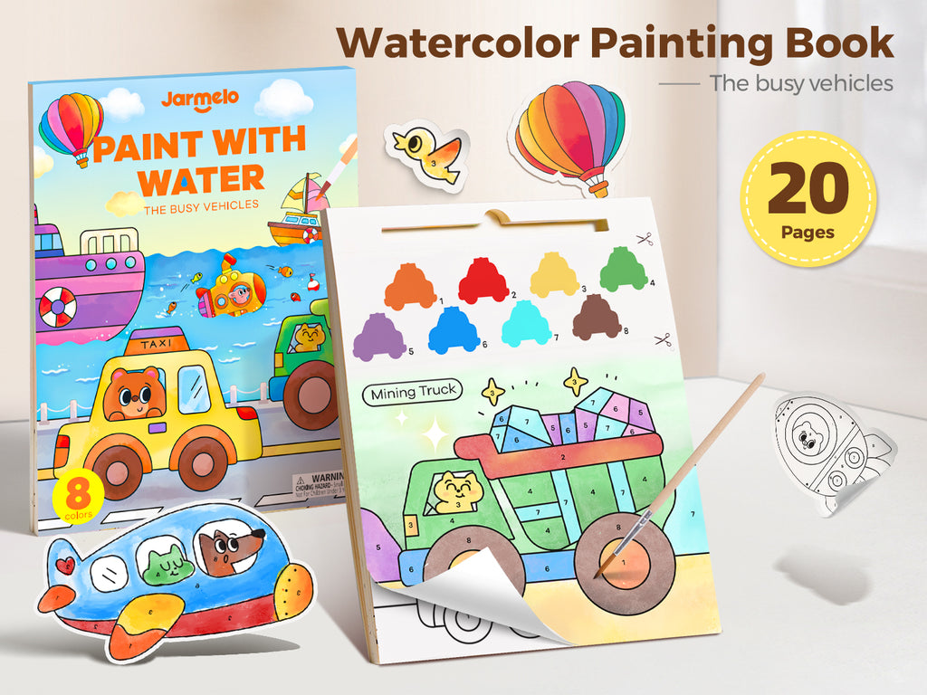 Jarmelo - Paint with Water Books - The Busy Vehicles