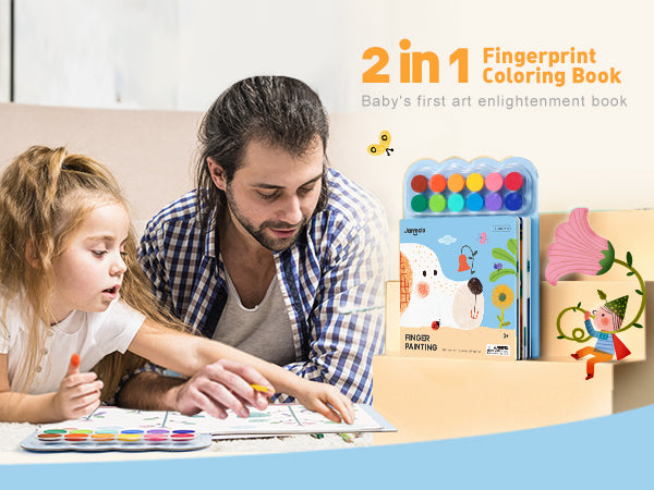 Jarmelo - Fingerprint Coloring Book for Kids, 12 Colors Ink Pad Handprint Coloring Book