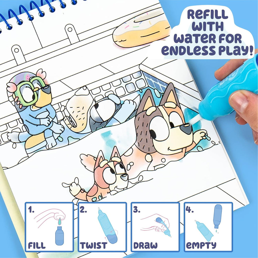 Bluey Aqua Art - Reusable Water Reveal Activity Pages With Water Pen for No-Mess Drawing and Coloring