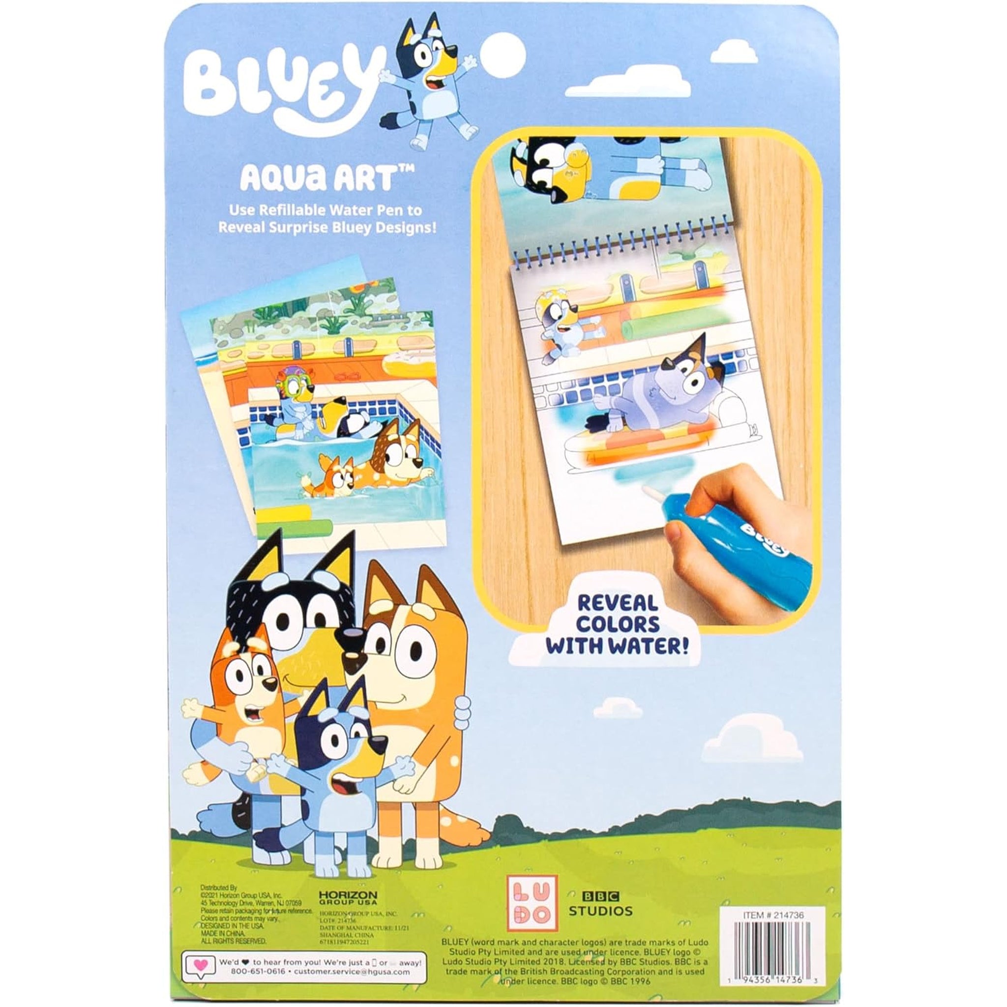 Bluey Aqua Art - Reusable Water Reveal Activity Pages With Water Pen for No-Mess Drawing and Coloring