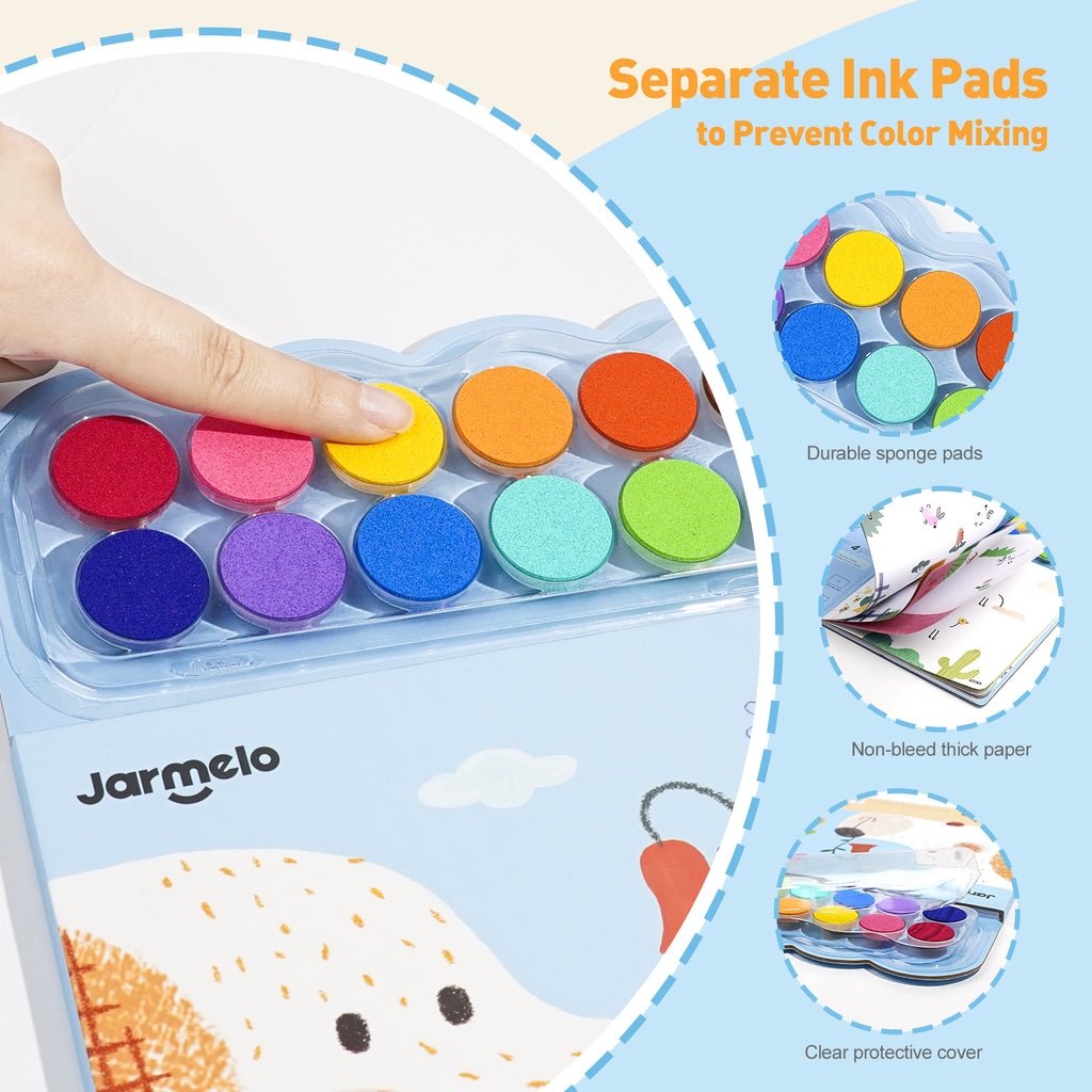 Jarmelo - Fingerprint Coloring Book for Kids, 12 Colors Ink Pad Handprint Coloring Book