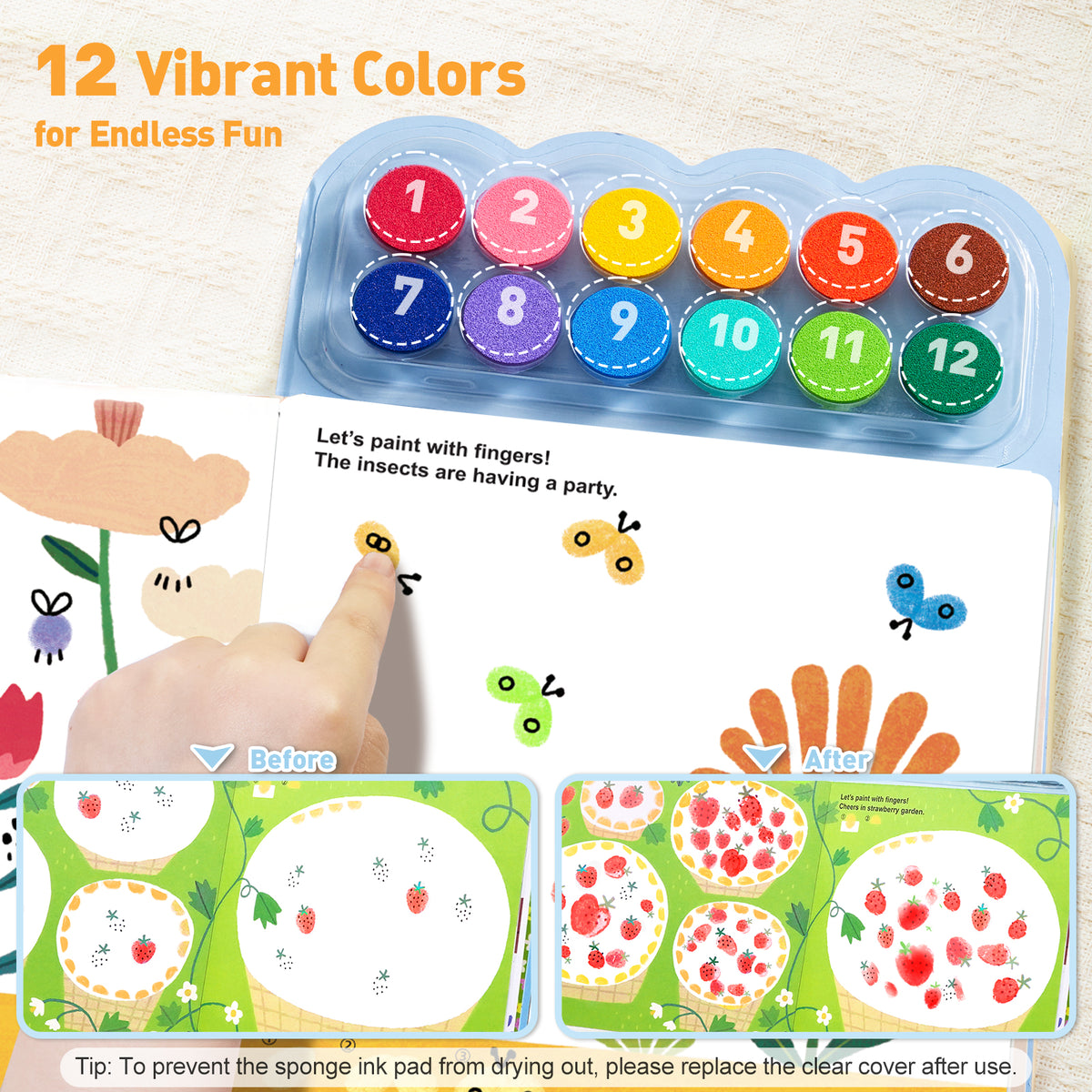 Jarmelo - Fingerprint Coloring Book for Kids, 12 Colors Ink Pad Handprint Coloring Book