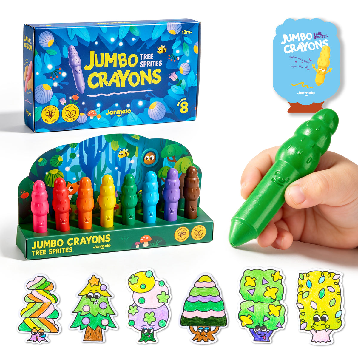 Jarmelo - Jumbo Crayons for Toddlers 1-3, 8 Colors Non Toxic Beeswax Crayon