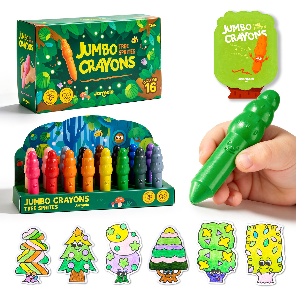 Jarmelo - Jumbo Crayons for Toddlers 1-3, 16 Colors Non Toxic Beeswax Crayon