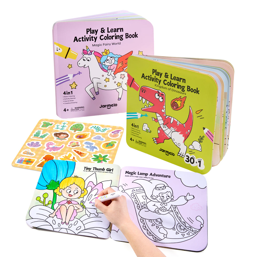 Jarmelo - Play & Learn  Activity Coloring Book - Dinosaurs & Fairy World