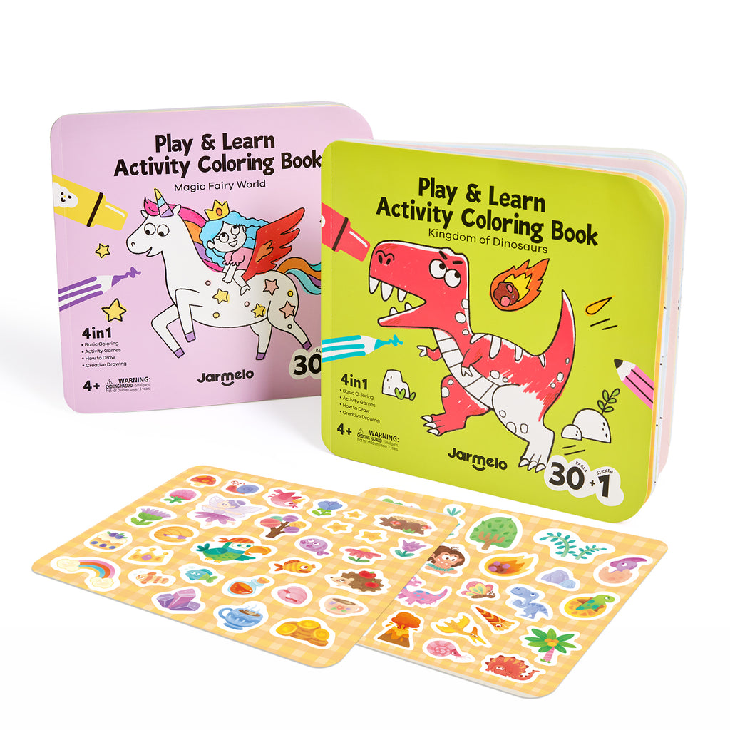 Jarmelo - Play & Learn  Activity Coloring Book - Dinosaurs & Fairy World