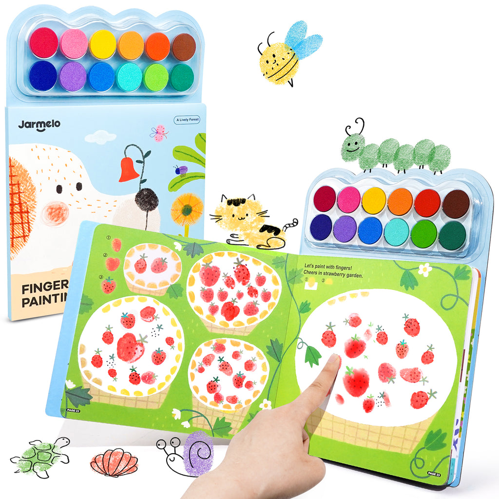 Jarmelo - Fingerprint Coloring Book for Kids, 12 Colors Ink Pad Handprint Coloring Book