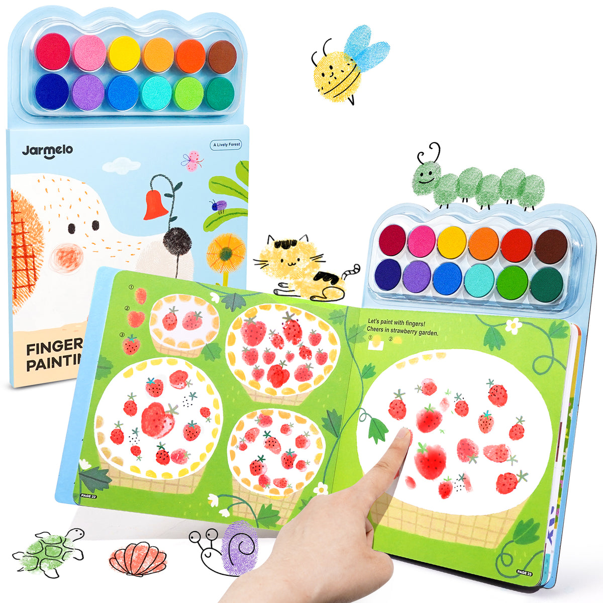 Jarmelo - Fingerprint Coloring Book for Kids, 12 Colors Ink Pad Handprint Coloring Book